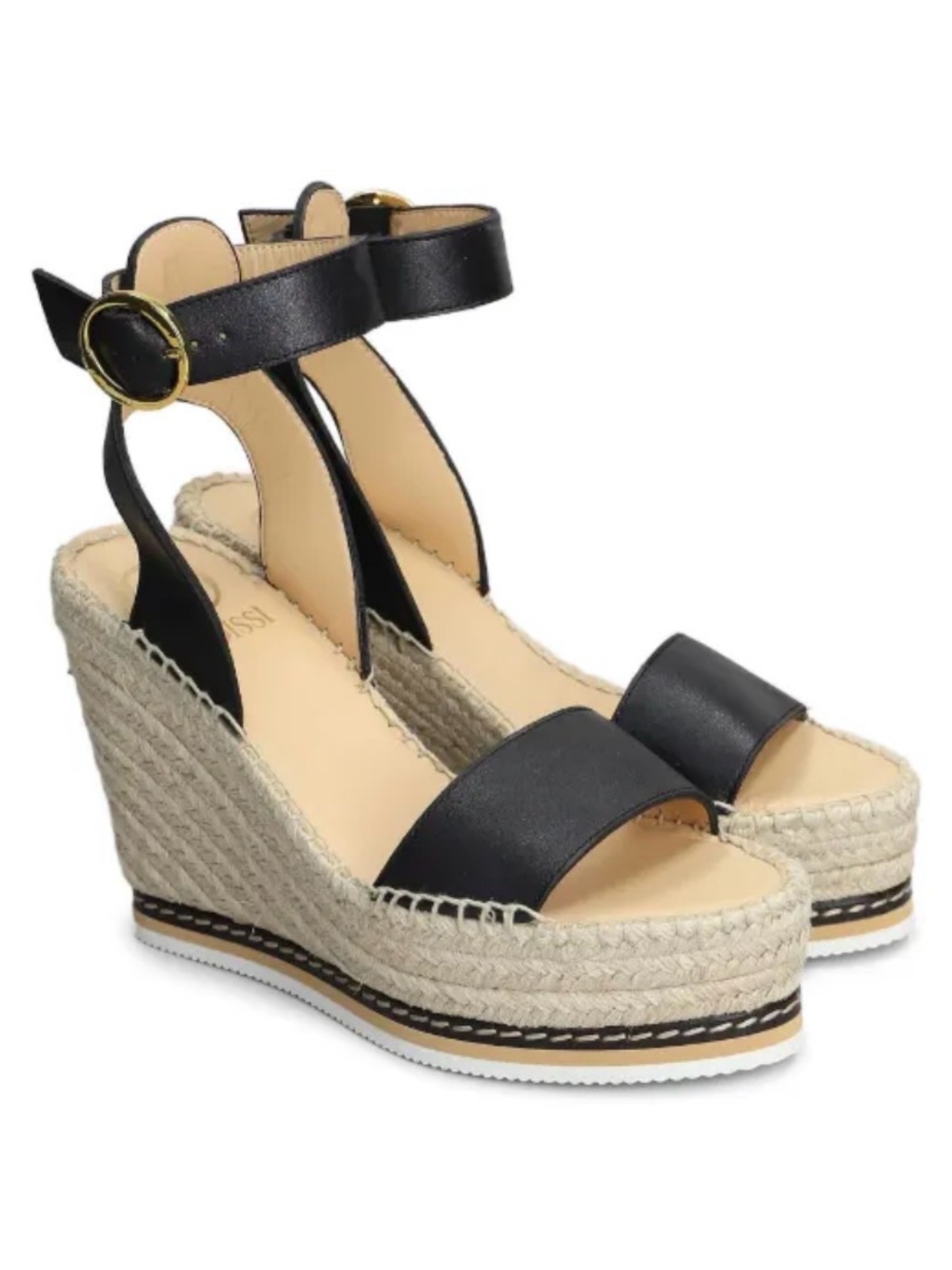 Odissi LILY BLACK LEATHER HIGH WEDGE ESPADRILLE Size 6 Black 36IT